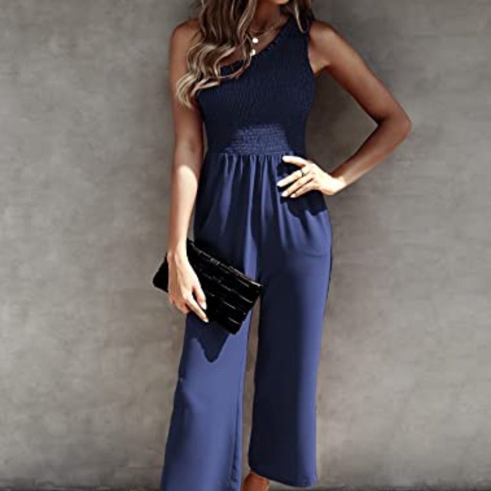 Women's Summer Wide Leg Jumpsuits One Shoulder Casual Sleeveless High Waiste XL